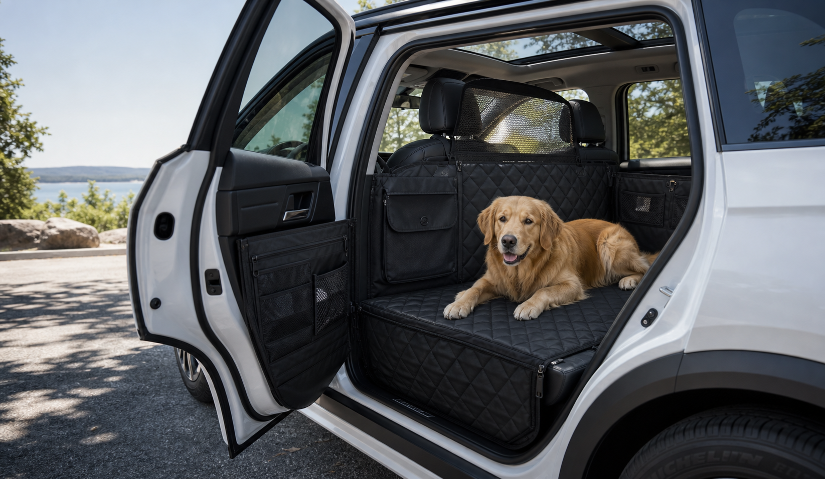 PawDeck Travel Bed with dog resting in an SUV