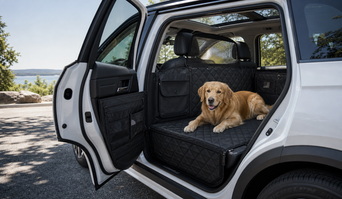 PawDeck Travel Bed with dog resting in an SUV
